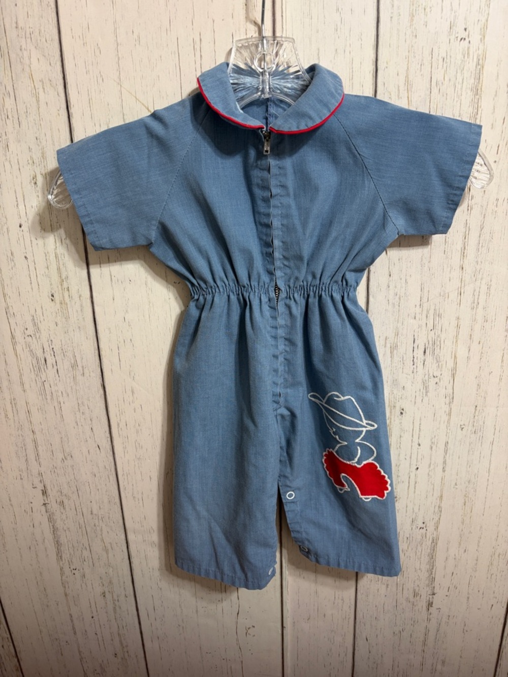 Vintage Blue Romper with Red Trim and Applique